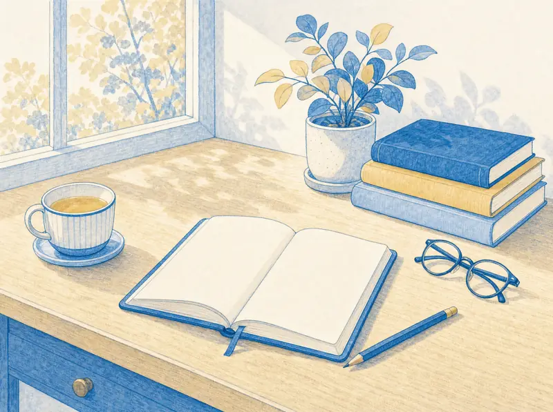 Illustration of a desk with an open notebook, a pencil, glasses, a stack of books and a cup of tea
