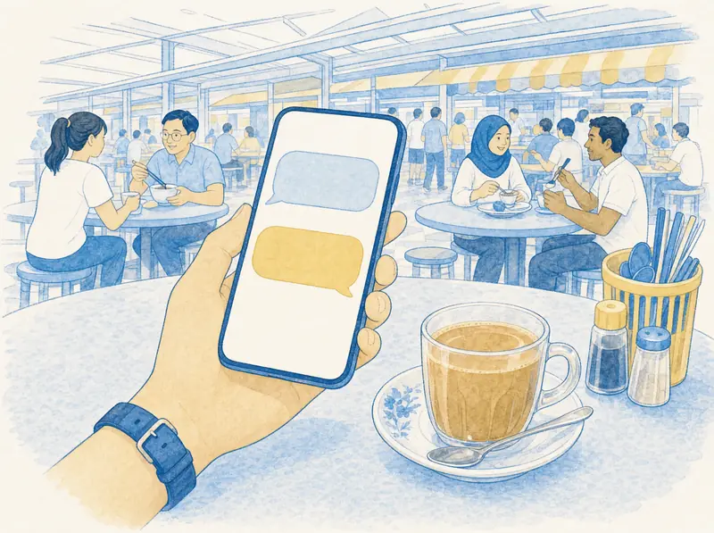 Illustration of a hand holding a phone with two message bubbles on screen, beside a cup of kopi at a hawker table