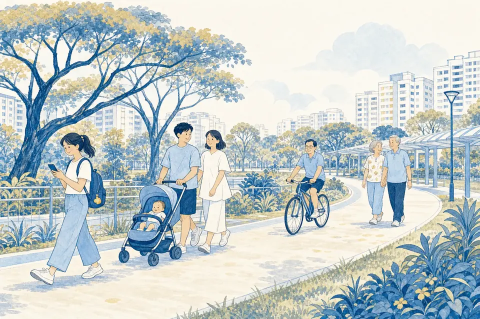 Illustration of people at different stages of life on a tree-lined park connector beside HDB blocks: a young woman with a backpack, a couple with a pram, a man cycling and an older couple walking hand in hand