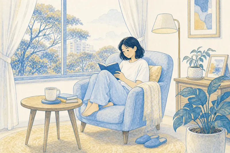 Illustration of a woman curled up in an armchair by a window, reading a book, with a cup of tea beside her