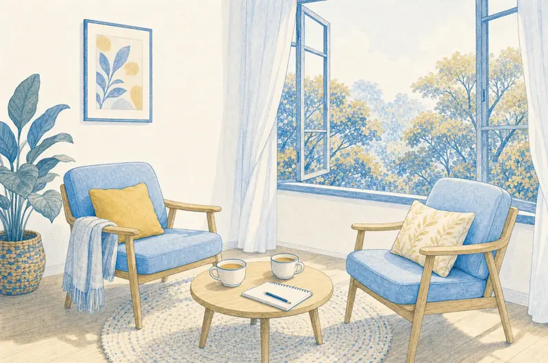 Illustration of two armchairs facing each other across a small table set with two cups of tea and a notepad